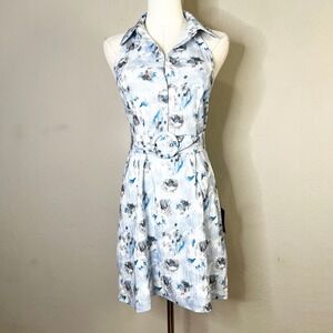 Lulus Mini Dress Floral‎ Halter Chic Example Sleeveless Belted Collar Blue Small